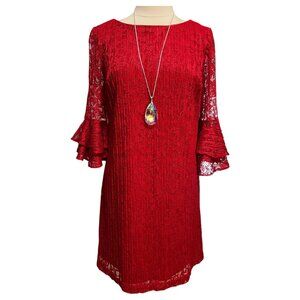 Crinkled red floral lace dress with cool sleeves